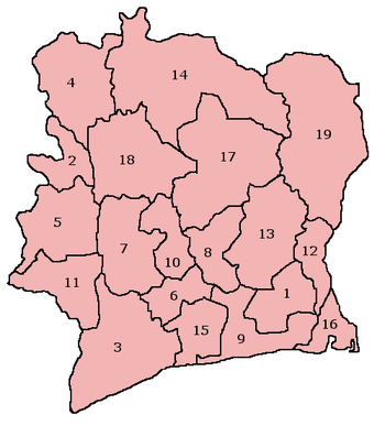 A clickable map of Côte d'Ivoire exhibiting its nineteen regions.