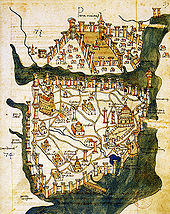 Um mapa toscamente desenhado que descreve uma cidade murada em uma península com um parque, uma rede de estradas, e uma dispersão de edifícios