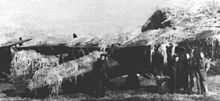 Uma foto de um lutador polonês P-11 coberto de rede de camuflagem em um aeródromo de combate não identificado