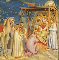 Os sábios e vários animais aglomeram em torno do bebê Jesus, enquanto um objeto raias sobrecarga de cometa
