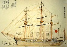 Desenho colorido de um navio de guerra de três mastros.