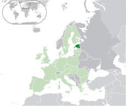 Localização da Estónia (verde escuro) - na Europa (verde e cinza escuro) - na União Europeia (verde) - [Legend]