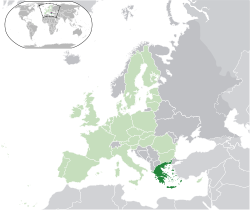 Localização da Grécia (verde escuro) - na Europa (verde e cinza escuro) - na União Europeia (verde) - [Legend]