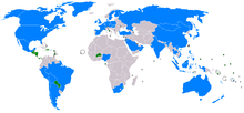 Um mapa do mundo que mostra os países que mantêm relações com a República da China. Apenas alguns pequenos países reconhecem o ROC, principalmente no Central, América do Sul e África.