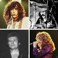 Um quadrado dividido em quatro, cada um com uma fotografia head-shot de cada um dos quatro membros do Led Zeppelin.