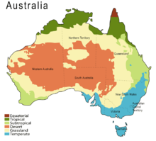 Austrália dividido em diferentes cores, indicando suas zonas climáticas