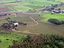 Aerial view of farming fields interspersed with roads, a small forest near the front of the photo