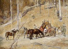 A painting of a horse-drawn coach, by a steep, tree-covered hillside. A felled tree lies across its path. Several armed men are in the process of robbing the passengers and looting the rear trunk.