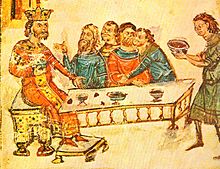 Krum se deleitando com seus nobres após a batalha de Pliska, detalhe da crônica Manasses