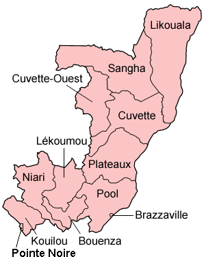 Um mapa clickable da República do Congo exibindo seus doze departamentos.