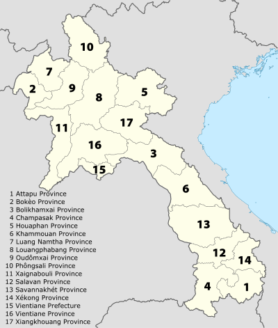Um mapa clicável de Laos exibindo suas províncias.