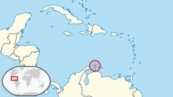Localização de Aruba (circulado em vermelho) no Caribe (amarelo claro)