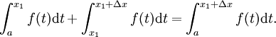 \ Int_ {a} ^ {x_1} f (t) \ mathrm dt + \ int_ {x_1} ^ {x_1 + \ Delta x} f (t) \ mathrm dt = \ int_ {a} ^ {x_1 + \ Delta x } f (t) \ mathrm dt.