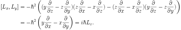 \ Begin {align} \ left [L_x, L_y \ right] & = - \ hbar ^ 2 \ left ((y {\ \ parcial sobre \ z parcial} - z {\ \ parcial sobre \ y parcial}) (z { \ \ parcial sobre \ x parcial} - x {\ \ parcial sobre \ z parcial}) - (z {\ \ parcial sobre \ x parcial} - x {\ \ parcial sobre \ z parcial}) (y {\ partial \ over \ z parcial} - z {\ \ parcial sobre \ y parcial}) \ right) \\ & = - \ hbar ^ 2 \ left (y {\ \ parcial sobre \ x parcial} - x {\ \ parcial sobre \ y parcial} \ right) = i \ hbar L_z. \\ \ End {align}