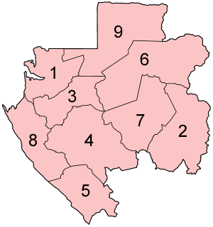 Um mapa clicável do Gabão exibindo seus nove províncias.