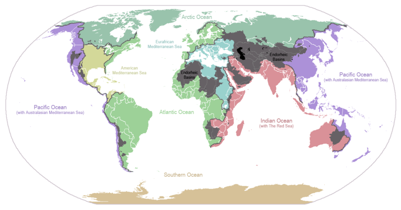 As principais divisões continentais, mostrando drenagem para os principais oceanos e mares do mundo. As áreas cinzentas são bacias endorréicas que não drenam para o oceano.