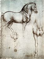 Uma página com dois desenhos de um cavalo de guerra, uma do lado, eo outro mostrando o peito e perna direita.