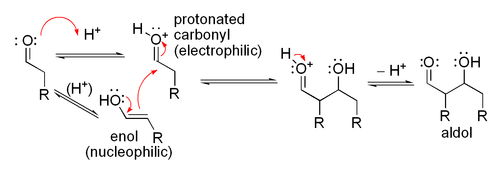 Mecanismo de reacção de aldol catalisada por ácido de um aldeído com a própria