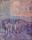 A group of male prisoners (or inmates), walk around and around in a circle, in an indoor prison (or hospital) yard. The high walls and the floor are made of stone. In the right foreground the men are being watched by a small group of three, two men in civilian clothes with top hats and a policeman in uniform. One of the prisoners in the circle looks out towards the viewer, and he has the face of Vincent van Gogh.