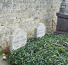 Two graves and two gravestones side by side; heading behind a bed of green leaves, bearing the remains of Vincent and Theo Van Gogh, where they lie in the cemetery of Auvers-sur-Oise. The stone to the left bears the inscription: Ici Repose Vincent van Gogh (1853–1890) and the stone to the right reads: Ici Repose Theodore van Gogh (1857–1891)