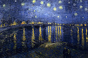 The top of the painting is a dark blue night sky with many bright stars shining brightly surrounded by white halos. Along the distant horizon are houses and buildings with lights that are shining so brightly that they are casting yellow reflections on the dark blue river below. The bottom half of the picture is the Rhone river with reflected lights showing throughout the river. In the foreground we can see a shallow wave.