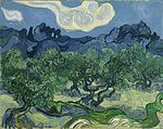A starless, moonless evening sky of middle blue with two large white clouds are above darker blue twisting hills in the distance. In the foreground is a grove of Olive trees, that extend horizontally across the whole painting, towards the bottom is a winding, twisting path that extends horizontally across the painting