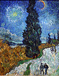 An early night sky with an intense large yellow star surrounded by a white halo to the top left, an intense yellow and red-lined glowing crescent moon to the mid-right top. A large singular dark green Cypress tree painted with impasto and intense upright brushstrokes extends down the middle of the painting, from the top of the canvas to the burnt orange field below, where it grows beside a twisting stream. in the far distant horizon are low blue hills and to the far right is a farmhouse with smoke from the chimney and lights on within. Along the right side of the foreground are two figures walking along on the road and quite a way behind them is a horse drawn buggy also coming down the road.