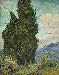 A pair of large trees to the left, one so tall it goes out of the top of the picture and mountains in the distance along the horizon. The afternoon sky is painted with bright blue and green swirls with white clouds and a visible daytime crescent moon also surrounded by swirls and halos. The dark green trees to the left are painted with thick impasto brush-strokes and swirls as well as the lighter yellow-green grasses in the foreground below.