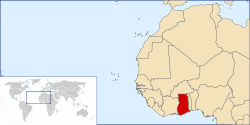 LocalizaÃ§Ã£o do Gana (vermelho escuro) na Ã?frica Ocidental (amarelo claro)