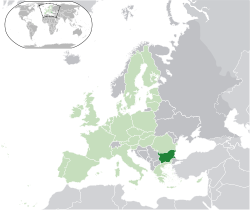 Localização da Bulgária (verde) - na Europa (luz-verde e cinzento) - na União Europeia (verde claro) - [Legend]