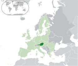Localização da Áustria (verde escuro) - na Europa (verde e cinza escuro) - na União Europeia (verde) - [Legend]