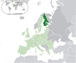 Localização da Finlândia (verde escuro) - na Europa (verde e cinza escuro) - na União Europeia (verde) - [Legend]