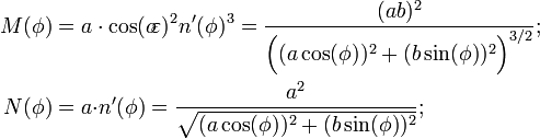 \begin{align}M(\phi)&=a\cdot\cos(o\!\varepsilon)^2n'(\phi)^3=\frac{(ab)^2}{\Big((a\cos(\phi))^2+(b\sin(\phi))^2\Big)^{3/2}};\\ N (\ phi) & = a {\ cdot} n '(\ phi) = \ frac {a ^ 2} {\ sqrt {(A \ cos (\ phi)) ^ 2 + (b \ sin (\ phi) ) ^ 2}}; \ end {align} \, \!