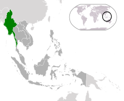 Localização da Birmânia (verde) na ASEAN (cinza escuro) - [Legend]